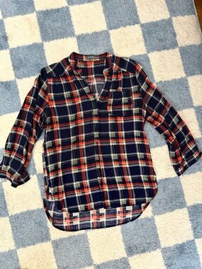 Market & Spruce Navy, Red and White Plaid Button-Front Blouse